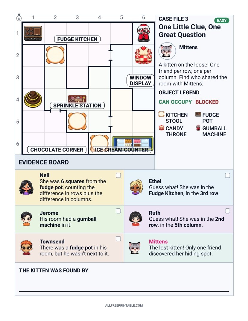Free Printable Lost Kitten at the Candy Shop Logic Mystery Puzzle for Kids