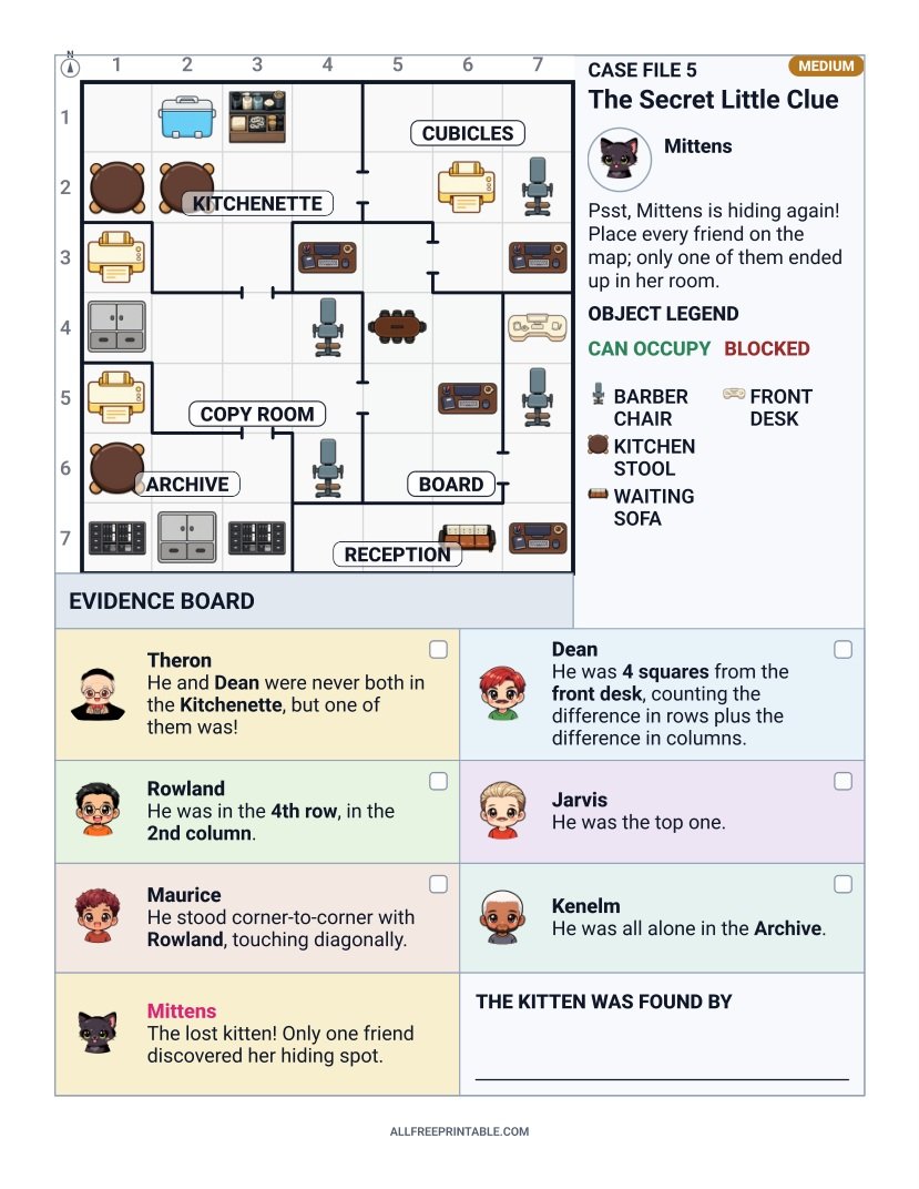 Free Printable Lost Kitten at Corporate HQ Office Logic Whodunit Mystery Puzzle for Kids – Medium