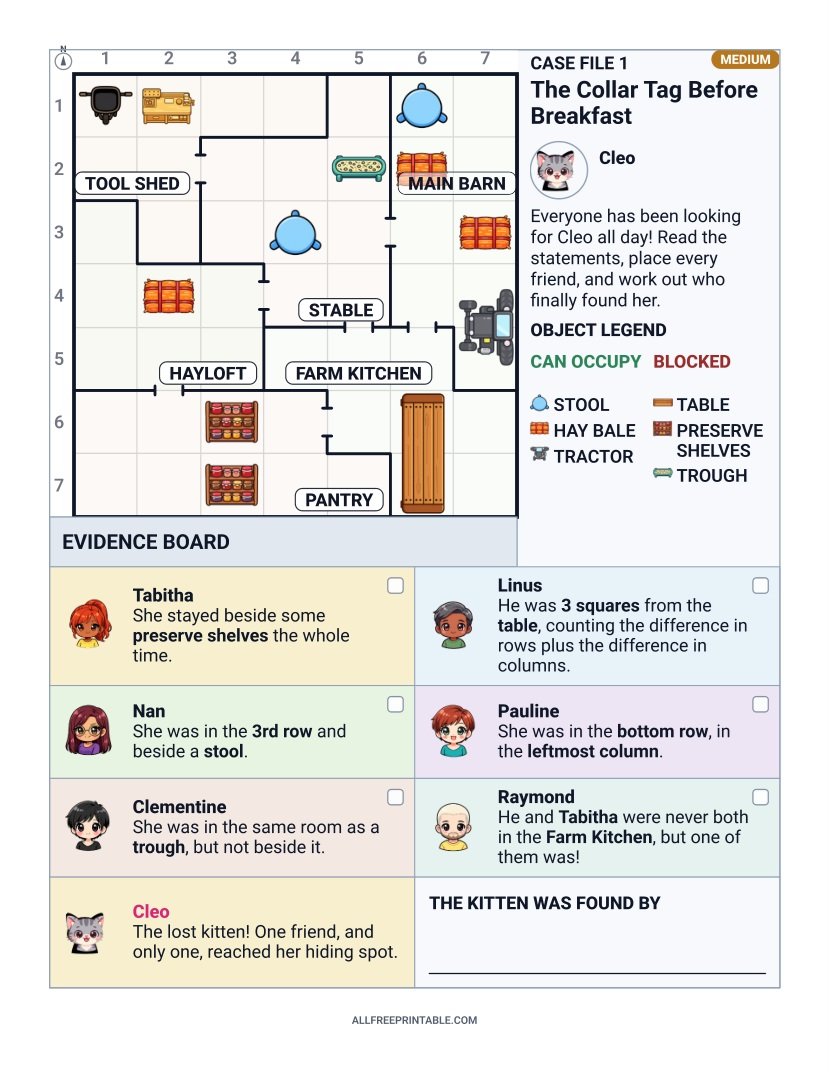 Free Printable Lost Kitten at the Farm Logic Whodunit Mystery Puzzle for Kids – Medium