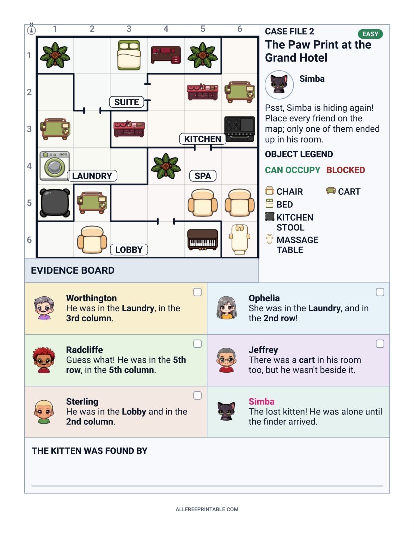 Free Printable Lost Kitten at the Grand Hotel Logic Mystery Puzzle for Kids