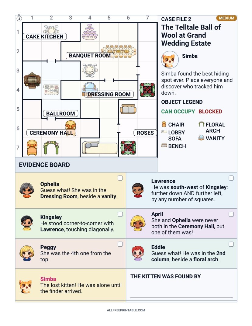 Free Printable Lost Kitten at the Grand Wedding Logic Whodunit Mystery Puzzle for Kids – Medium