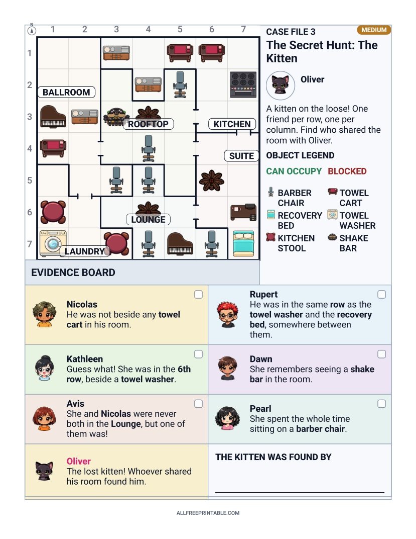 Free Printable Lost Kitten at the Hotel Logic Whodunit Mystery Puzzle for Kids – Medium
