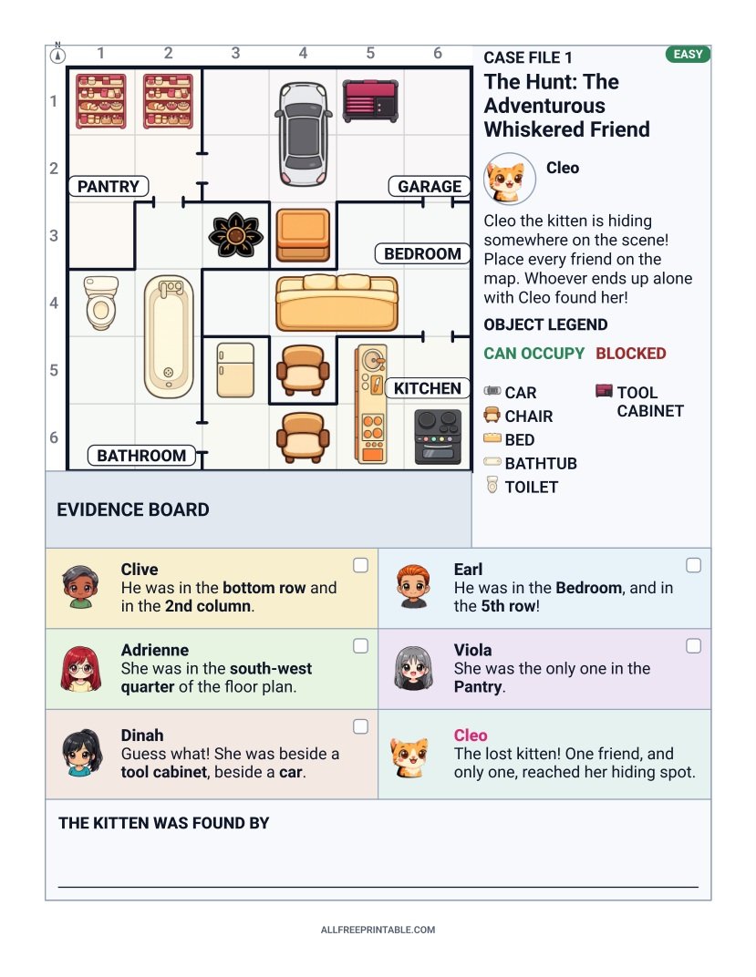 Free Printable Lost Kitten at the House Logic Mystery Puzzle for Kids