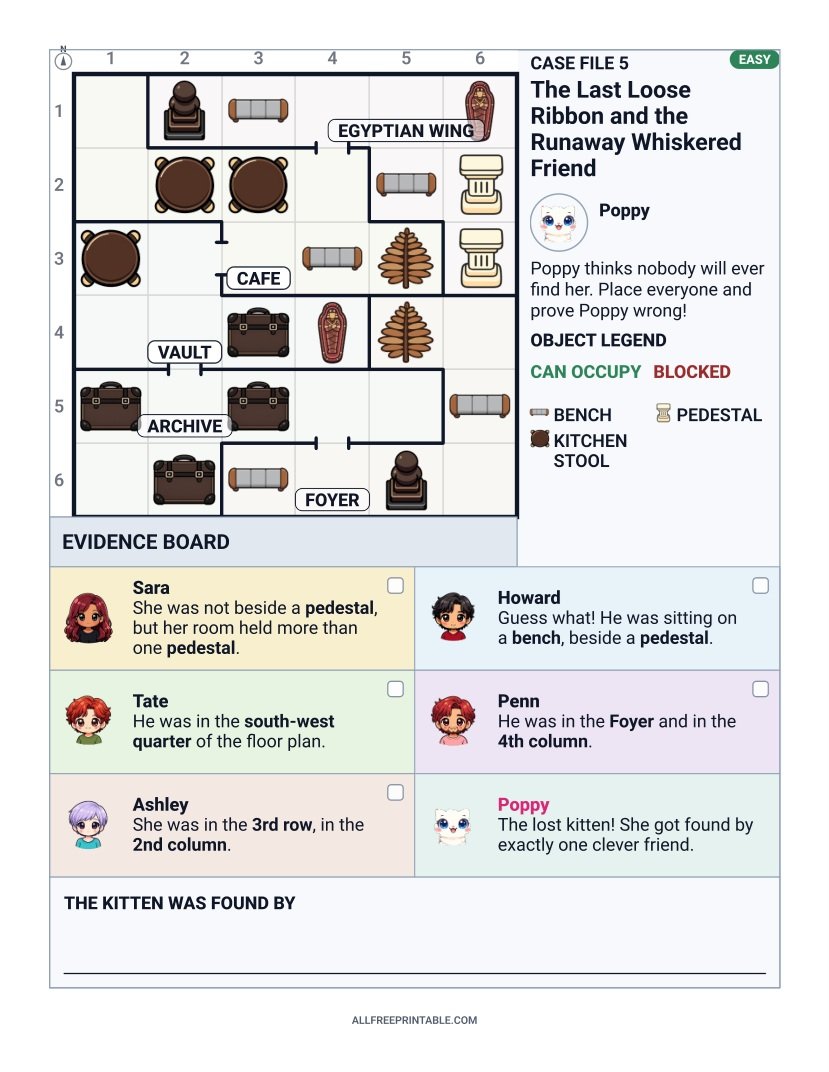 Free Printable Lost Kitten at the Museum Logic Whodunit Puzzle for Kids