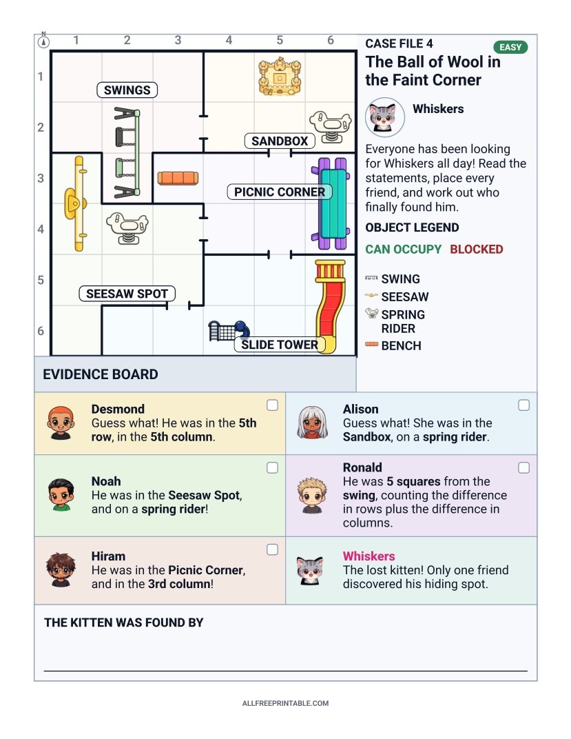 Free Printable Lost Kitten Near the Playground Logic Mystery Puzzle for Kids