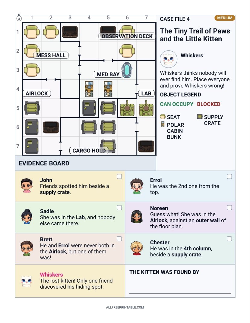 Free Printable Lost Kitten on the Starship Logic Whodunit Mystery Puzzle for Kids – Medium